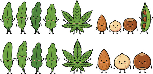 Fototapeta premium Cute Cartoon Leaf and Nut Character Illustration Set with Happy Plant Mascots, Almonds, Hazelnuts, and Pea Pod Designs
