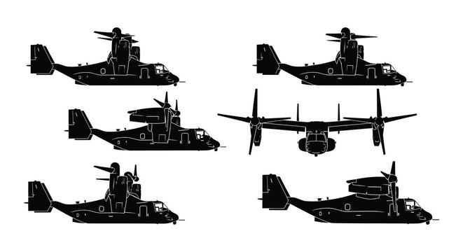 V 22 osprey tiltrotor aircraft silhouettes on a white background