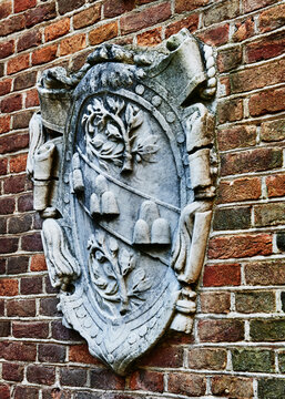 An oval cartouche typical of Italian civic and familial heraldry in Castello Mackenzie (Mackenzie Castle) built 1893, in Genoa, Italy, Europe 
