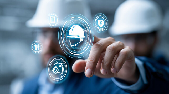 Close-up of a workplace safety technology concept visualization with safety culture and health regulation icons, occupational health technology concept, zero accident