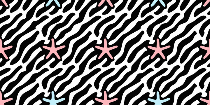 Zebra stripe and starfish pattern seamless vector illustration
