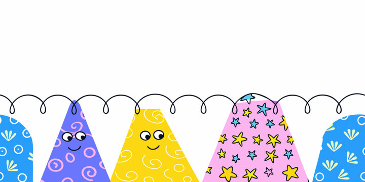 Colorful triangle shapes with doodle patterns and wavy line isolated