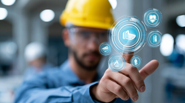 Close-up of a workplace safety technology concept visualization with safety culture and health regulation icons, occupational health technology concept, zero accident