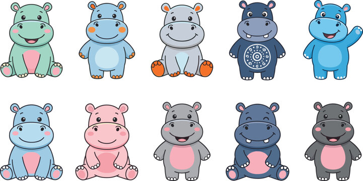 Cute hippopotamus cartoon character vector collection featuring colorful baby hippos for kids education, nursery, and mascot designs
