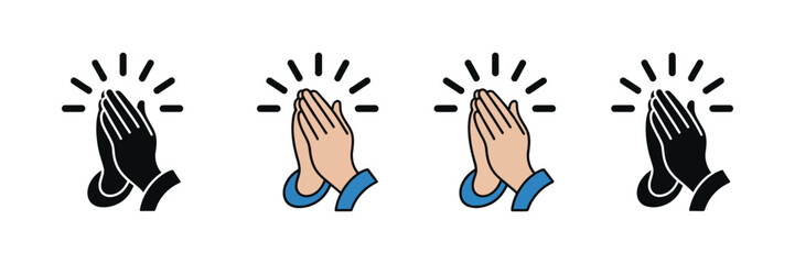 Fototapeta premium Prayer and respect icon set featuring praying hands and spiritual symbols in linear style, vector illustration representing gratitude, devotion and faith.