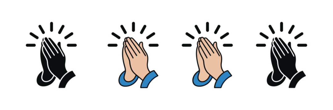 Prayer and respect icon set featuring praying hands and spiritual symbols in linear style, vector illustration representing gratitude, devotion and faith.