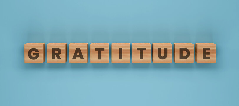 Gratitude Blocks: Wooden blocks spell out the word gratitude against a serene, light blue backdrop. A visual representation of thankfulness and appreciation.