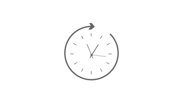 Time management and efficiency icon. Gray line art icon of a clock face with a circular arrow moving clockwise. 2D motion graphics in 4K resolution with alpha channel.