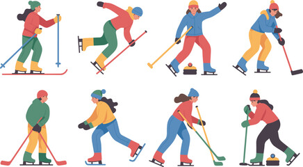 Fototapeta premium Diverse Winter Sports Athletes Performing Activities on Ice and Snow Stock Illustration