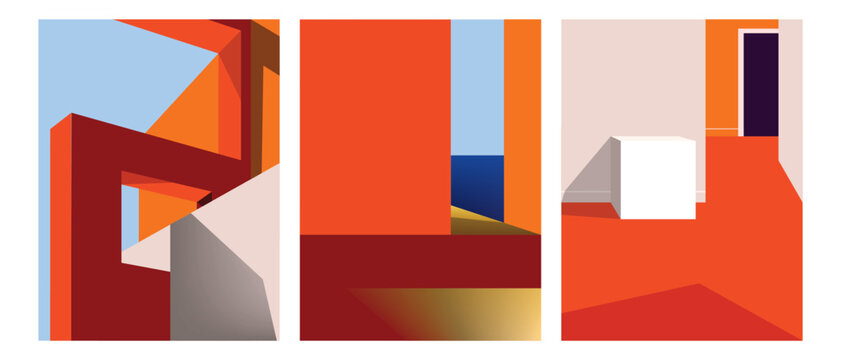 Abstract colorful geometric, contruction, composition, architectural shapes, shadows, and minimalist modern art style illustration vector design.