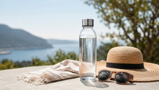 Reusable water bottle with summer hat and sunglasses outdoors