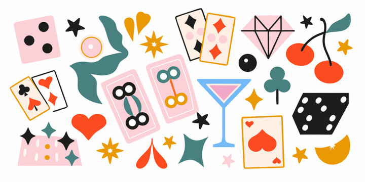 Casino game elements illustration with dice cards and cherries
