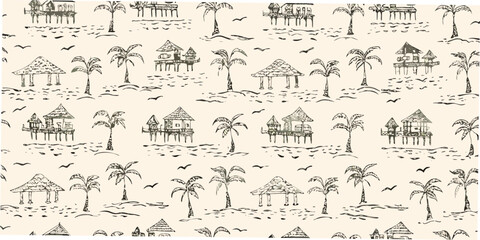 Tropical island pattern with palm trees and thatched huts hand drawn style © Sudebi