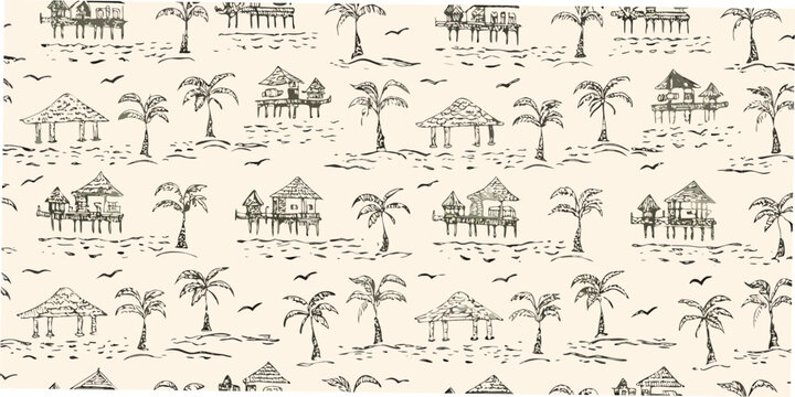 Tropical island pattern with palm trees and thatched huts hand drawn style