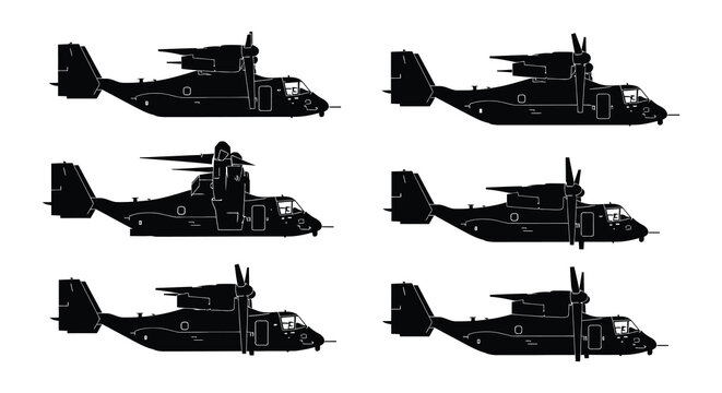V 22 osprey tiltrotor aircraft silhouettes on a white background