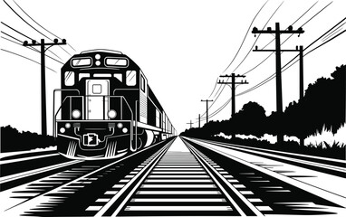 A black and white illustration of a train on tracks with power lines and trees in the background locomotive © MdRayhan