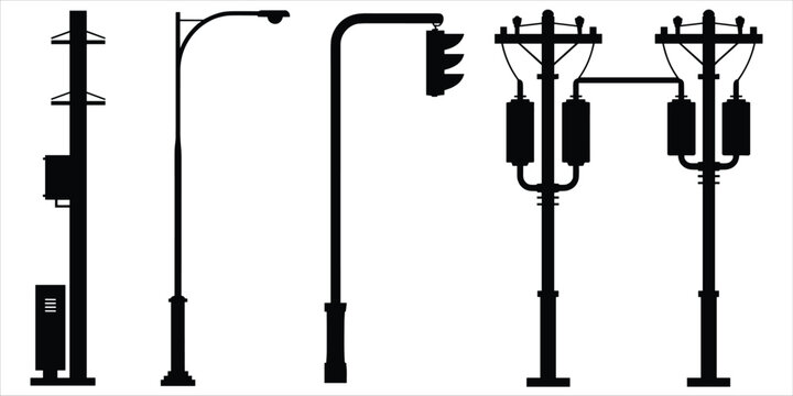 Assortment of Silhouetted Streetlights and Utility Poles with Transformers Keywords: streetlight, pole, utility pole, transformer