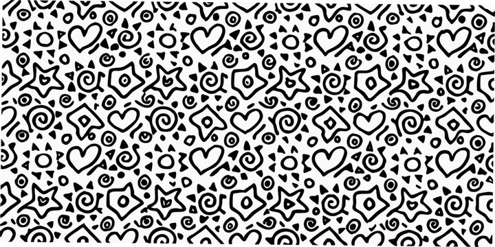 abstract doodle pattern with hearts and stars black and white