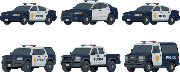 Police Vehicle Illustration Set with Patrol Car, SUV, and Van for Law Enforcement, Emergency Services, and Transportation Design Projects © Jisan