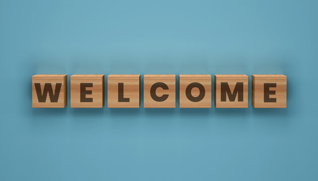 Welcome Greeting Expression Formed with Wooden Alphabet Tiles on Minimal Background Hospitality Reception Friendly Communication Customer Experience and Social Interaction