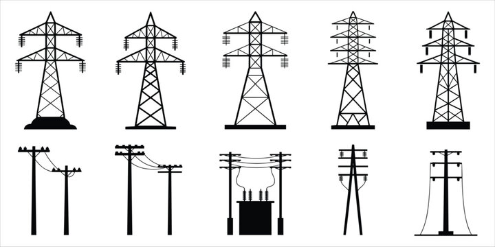 Collection of ten different electricity pylons and utility poles on a white background power line tower