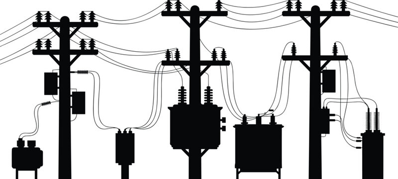 Silhouette of electrical power poles with transformers and wires against white background electricity