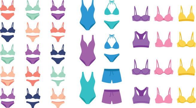Women Swimwear and Bikini Collection Illustration Set with Colorful Beach Fashion, Lingerie Styles, and Summer Clothing Designs