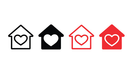 Fototapeta premium Four minimalist house icons with heart symbols in a row on a white background