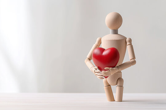 wooden mannequin holding red heart for concept philanthropy and donate