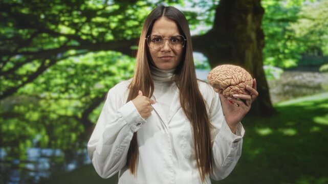 Young hispanic woman scientist holds brain model and points thumb to chest in forest; education curiosity neuroscience.