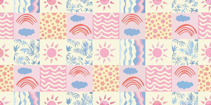 patchwork pattern with sun rainbow cloud and wave motifs
