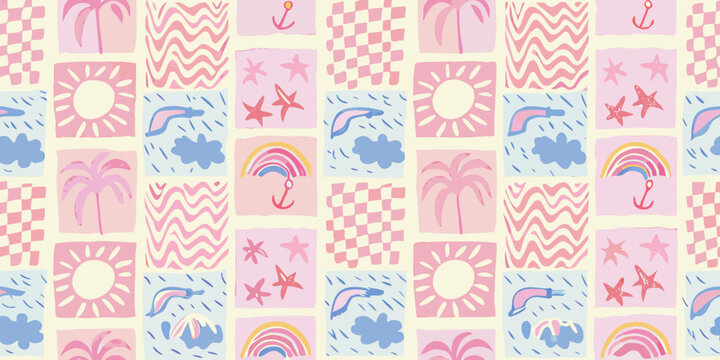 Summer themed pattern with sun palm trees and ocean elements