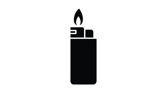 A simple black silhouette illustration of a lighter with a flame