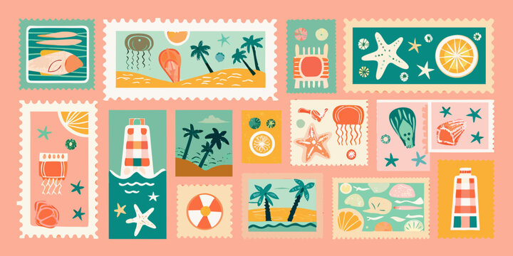Collection of colorful summer themed postage stamps vector illustration