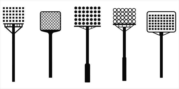 Five black silhouette icons of different types of fly swatters or bug zappers insect repellent pest control