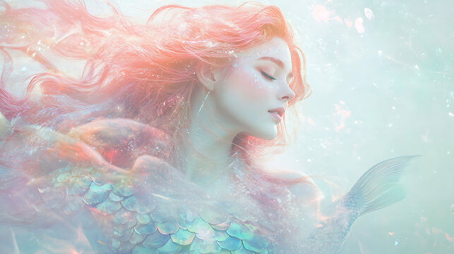 Pisces goddess in soft flowing pink and sea-green armor with fish-scale pattern and dreamy aura on a white background 