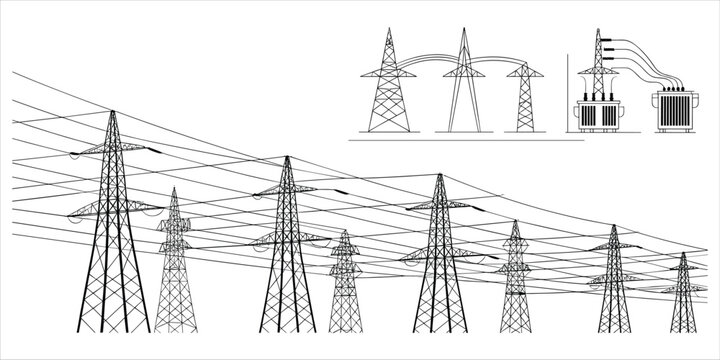 Overhead power lines stretching between numerous transmission towers with inset diagrams electricity