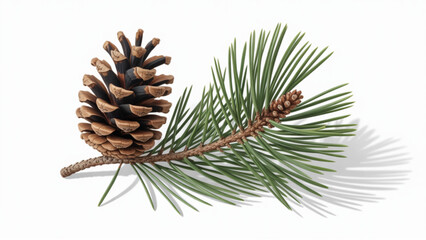 Ultra realistic pine cone with fresh green pine needles on branch isolated on white background macro botanical detail © omor
