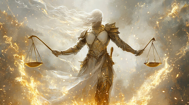 Libra deity summoning astral scales that hover around shoulder armor, radiating balance energy on a white background 