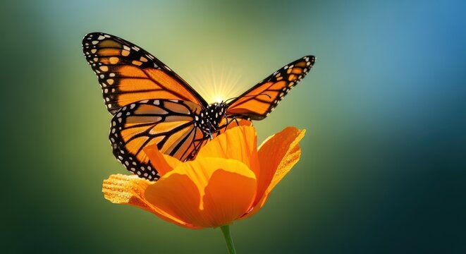 Beautiful monarch butterfly perched on a vibrant orange flower, wings spread wide in a natural habitat under bright sunlight, vibrant, resting, antennae