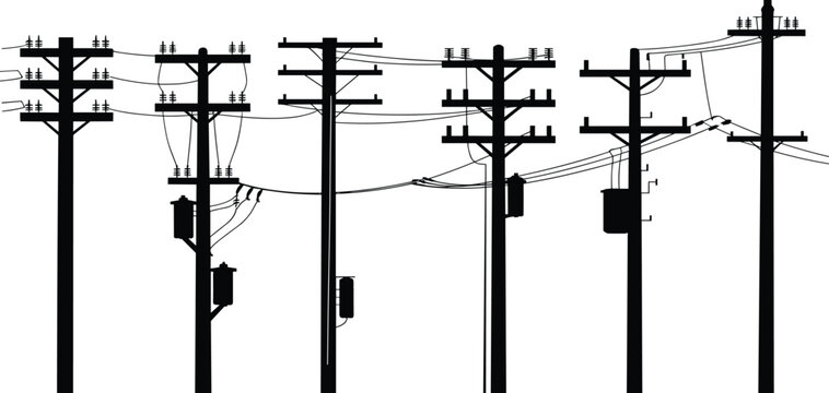 Silhouettes of utility poles with transformers, insulators, and wires Keywords: utility, pole, transformer, electricity, power, distribution