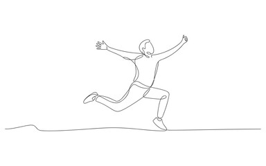 Fototapeta premium Man jumping and celebrating with arms outstretched single line drawing isolated on white