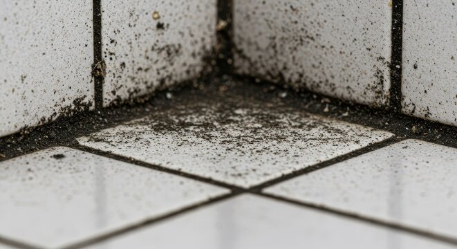 Macro view of noxious black mold growth infiltrating textured white grout lines in a humid, neglected corner, indicating decay and poor hygiene, bathroom, issue, sanitary