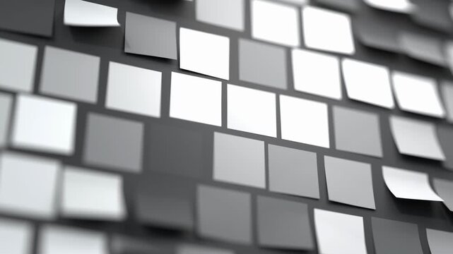 Duotone monochrome black to white sticker squares arranged in a grid pattern on a dark surface. The notes display shades from white to gray, with some pieces curling and swaying. This abstract
