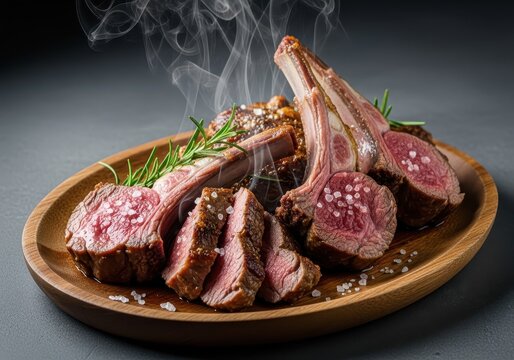 Succulent, tender pieces of cooked lamb meat steaming hot on a rustic platter, showcasing delicious food preparation and savory flavor, meal, hot, roast