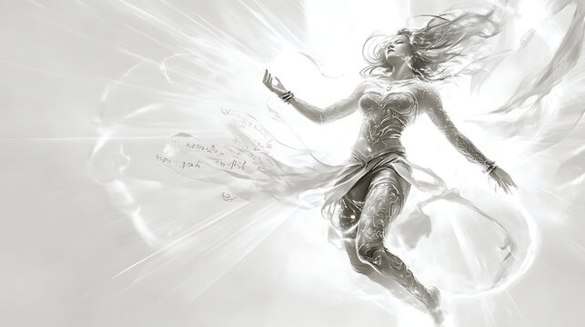 Female Virgo deity levitating with divine script swirling around her armor, light rays bursting from behind on a white background 