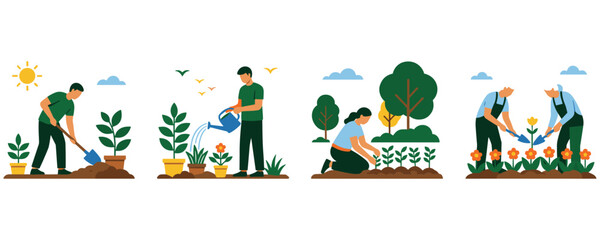 Fototapeta premium People gardening outdoor in sunny day planting and watering small flowers.