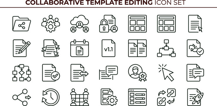 Collaborative template editing outline icon set for document management workflow dashboards web applications and business presentations