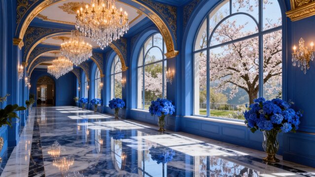 Luxurious blue hallway with chandeliers and floral decor