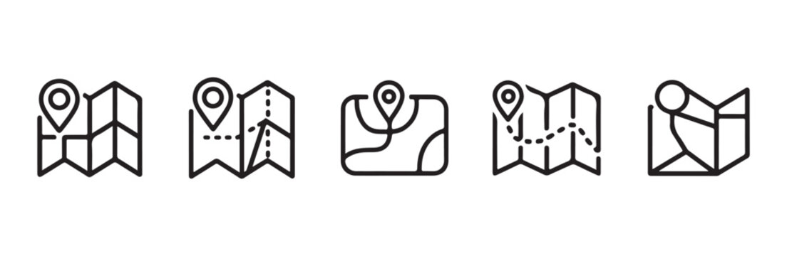 Set of minimalist map icons with navigation and route lines.